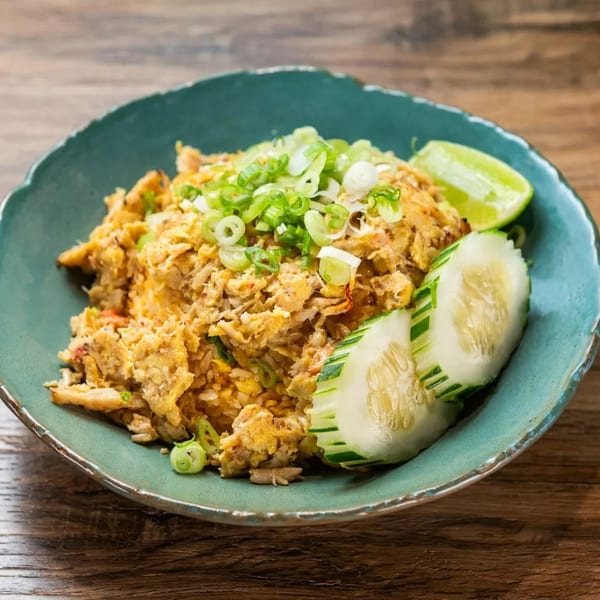 Crab fried rice topped with green onions, served with lime and cucumber slices in a teal bowl.