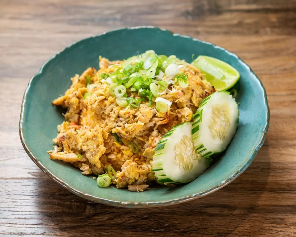 Crab fried rice topped with green onions, served with lime and cucumber slices in a teal bowl.