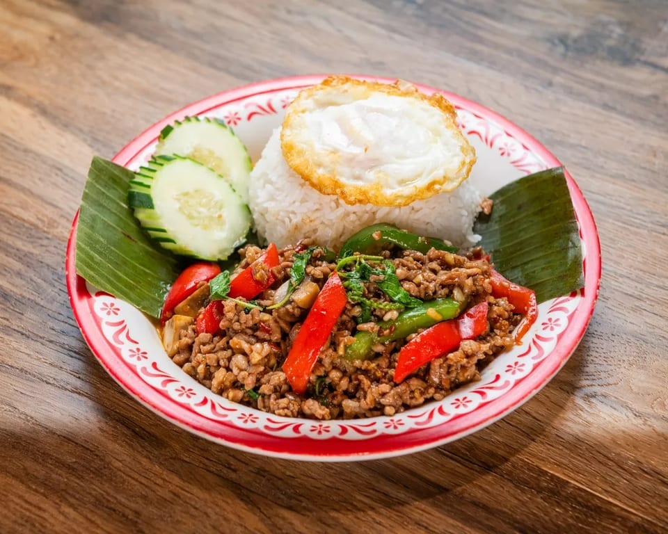 Spicy Thai basil pork with rice, a fried egg, and cucumber slices on a decorative plate.