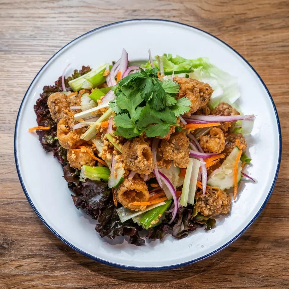 Crispy fried calamari salad with red onion, cucumber, carrots, and cilantro on a white plate.