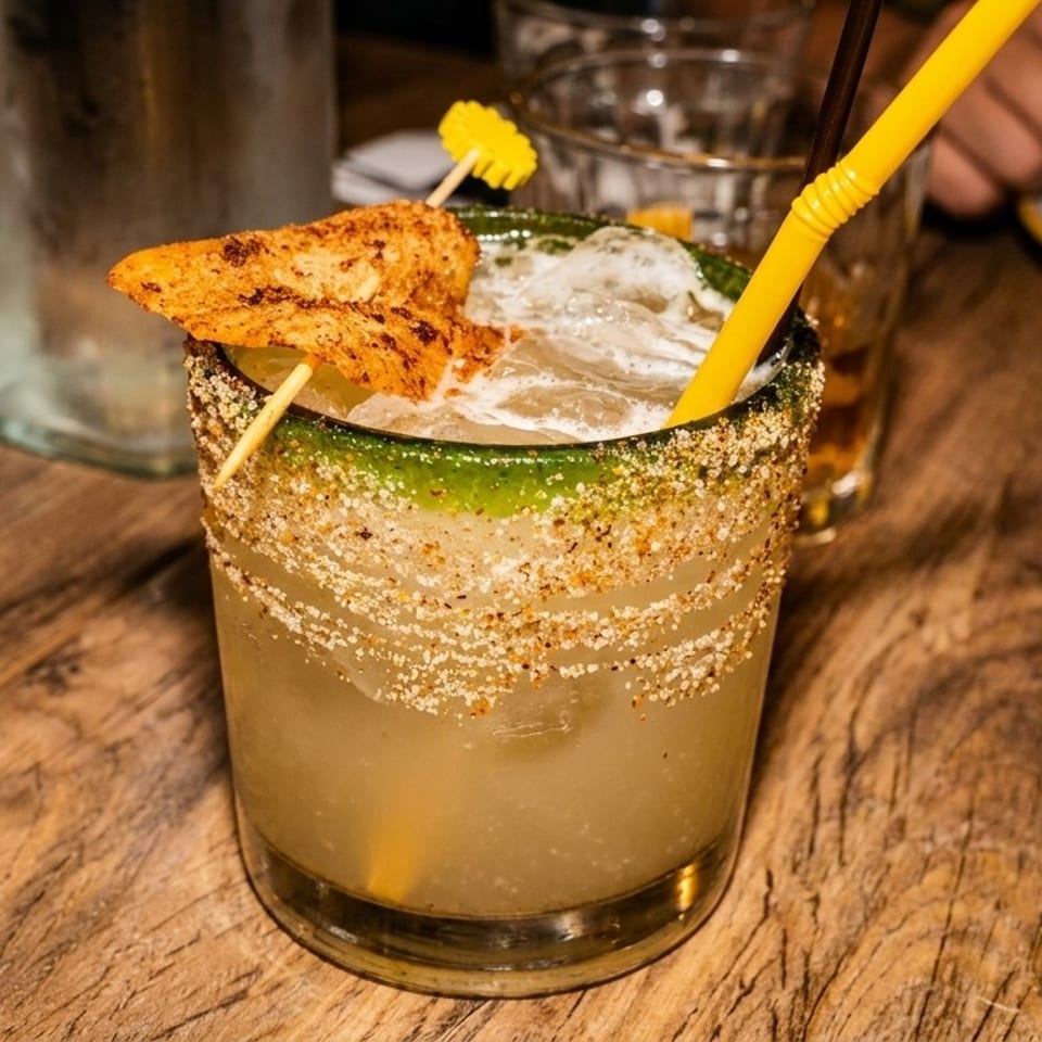 A margarita with a green salted rim, yellow straw, and a chili-dusted mango garnish on a wooden table.